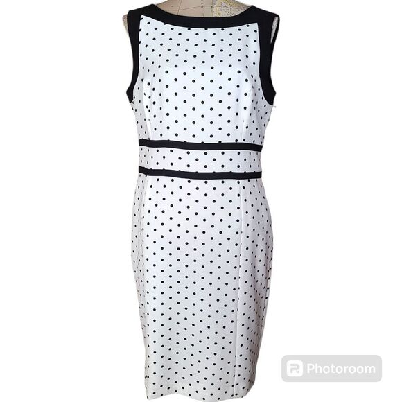 Evan Picone Black Label Size 12 Classy Preppy White Black Polka Dot Sheath Dress - Picture 2 of 12
